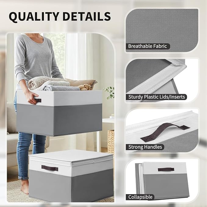 2 Pack EXTRA LARGE Blanket Storage Baskets with Lids, 22”x16”x12” Closet Organizers Bins for Clothes Towel/ Storage Box with Lid Handles/ Stackable Decorative Fabric Bins for Living Room, Nursery
