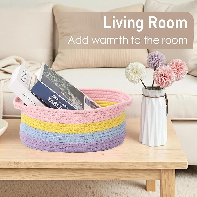 JMvicyroam Small Woven Basket, Empty Gift Basket, Rainbow/1 Pack | Small Gift Basket, Cotton Rope, 12 x 8 x 51 in, Handles, Includes Ribbon and Bag, Birthday Gift Basket