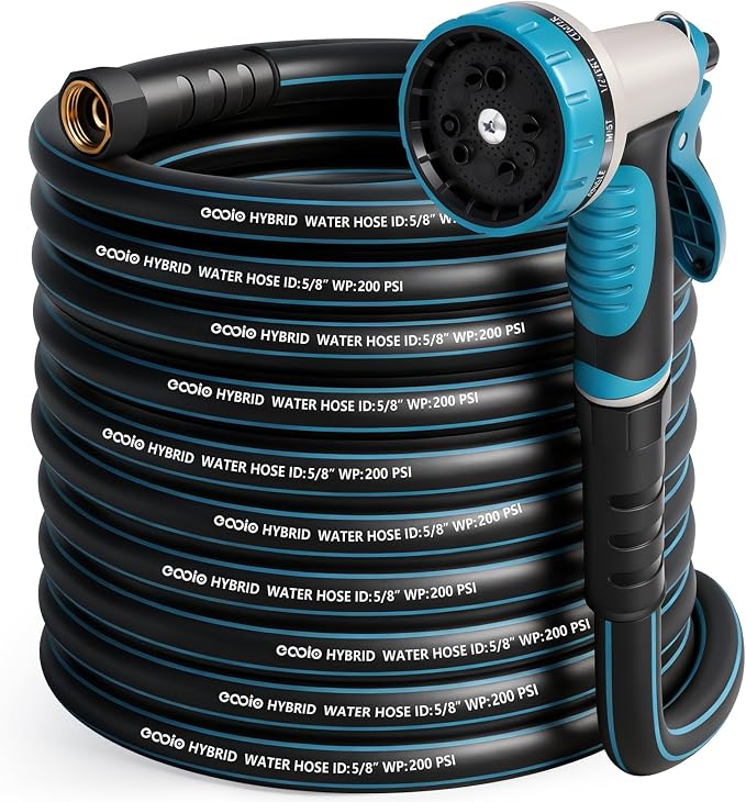 Garden Hose 100 ft x 5/8" with Nozzle, Water Hose Heavy Duty Flexible, Lightweight Kink-less Hybrid Hose with Swivel Handle, Male to Female Fittings