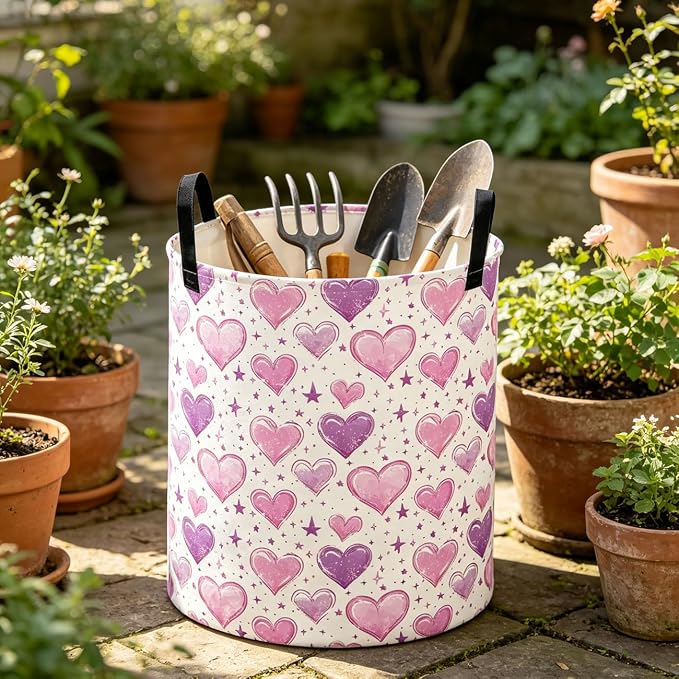 Collapsible Round Storage Basket,Waterproof Soft-Sided Organizer,Laundry Basket(Watercolor Heart)