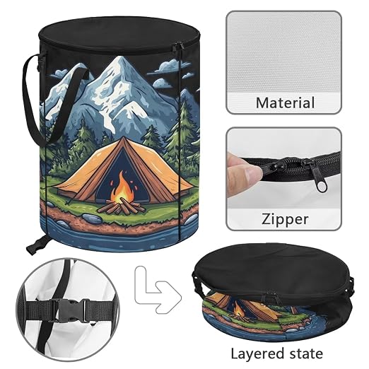 Mountain Tent Camping Trash Can 20 Gallon Foldable Trash Can with Zipped Lid Outdoor Garbage Bin for Camping, Picnic Large Storage Bin for Family Trip