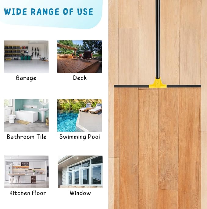 Floor Squeegee for Concrete and Tile Cleaning, 24'' Rubber Wiper Broom, Large Heavy Duty Water Scraper with 60'' Long Handle for Garage, Deck, Bathroom, Shower Glass, Window