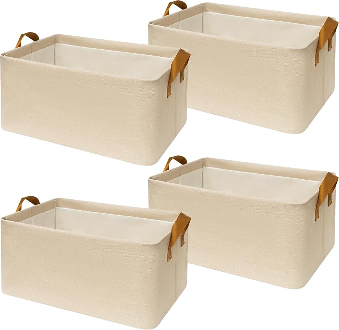 SNWDN 4 Pack Closet Cloth Storage Bins with Handles（ Beige 16.5''L x 11.8''W x 9.8''H）