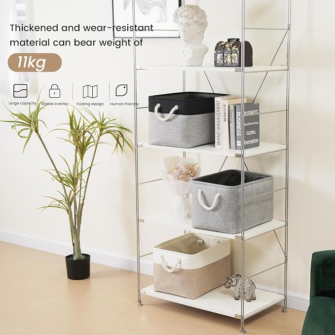 15x11x10 In Foldable Fabric Large Storage Bins with Handle 3 Pack | Organizer Baskets, Sturdy Metal Strand, Cardboard Support Molding, Storage Baskets for Shelves, Closet, Bedroom, Gray