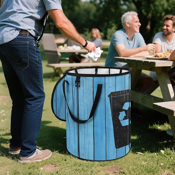 Collapsible Trash Can for Lawn and Yard Garden Leaf Bin, 24 Gallon Large Capacity Foldable Waster Bag with Lid and Handles Blue Recycle Sign Print