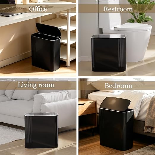3.5 Gal Black Bathroom Trash Can with Lid & Acrylic Square Tissue Box Cover | Covered Slim Trash Can With Tissue Box Holder Helps Organize Bathroom, Bedroom, And Living Spaces While Saving Room