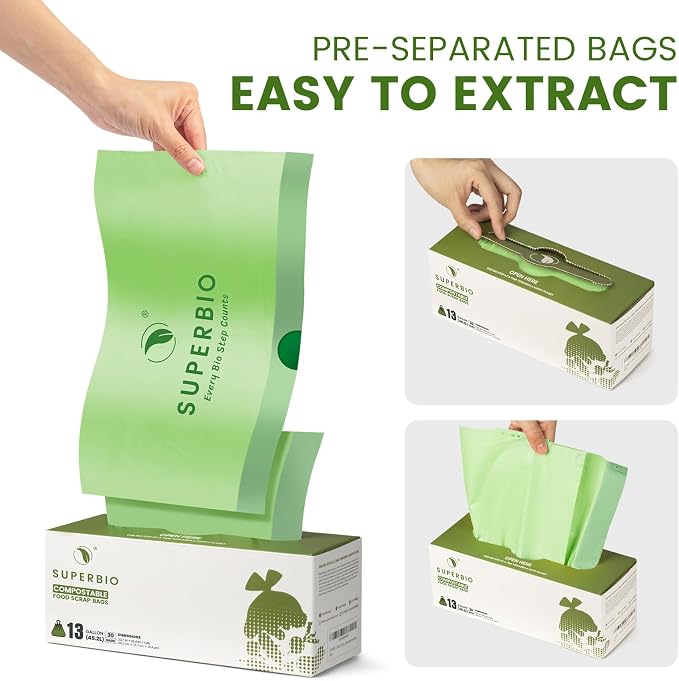 SUPERBIO 13 Gallon Compostable Drawstring Kitchen Waste Bag, 30 Count | 49.2 Liter, 1 Mil, Heavy Duty Food Scrap Bags, BPI, Seedling and OK compost INDUSTRIAL