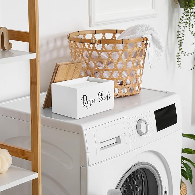 Dryer Sheet Holder, Wooden Laundry Sheets Container, Laundry Room Organization and Storage for Farmhouse Laundry Room Decor and Accessories, Fabric Sheet Holder, White