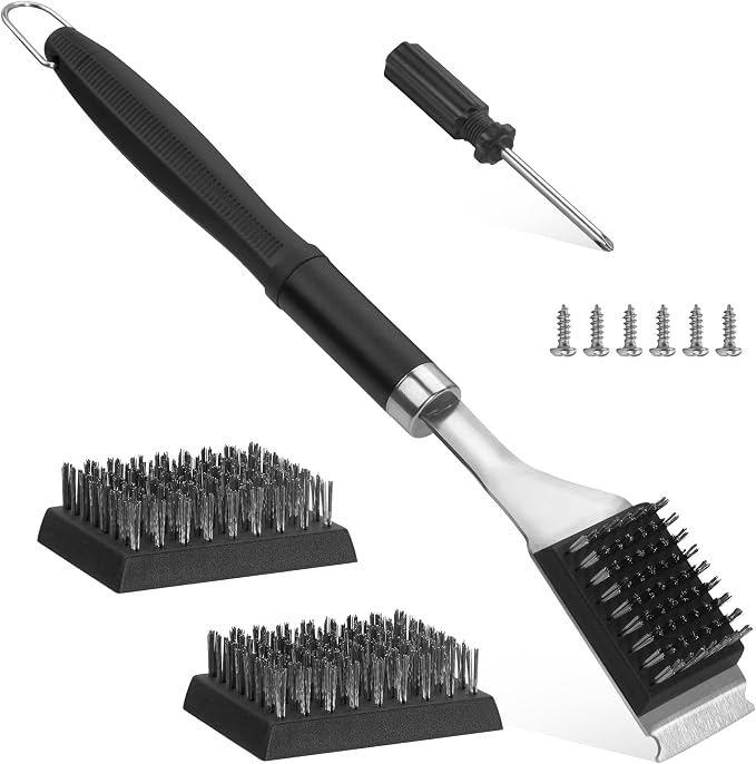 BBQ Grill Cleaning Brush Scraper with 2 Replaceable Steel Bristles Head | 72-Well Wires Brush, Stainless Grill Grate Cleaner, for Weber Gas, Charcoal, Electrical, Infrared