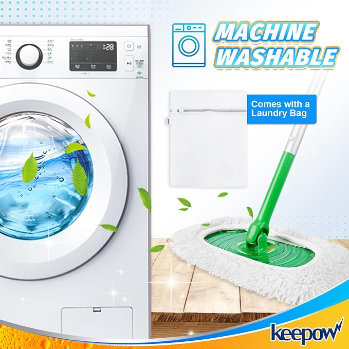 KEEPOW 6 Pack Reusable Microfiber Mop Pads Compatible with Swiffer Sweeper | Chenille, Multi-Color (2 White, 2 Green, 2 Blue) Dry Wet Mopping Refills, Bonus Laundry Bag
