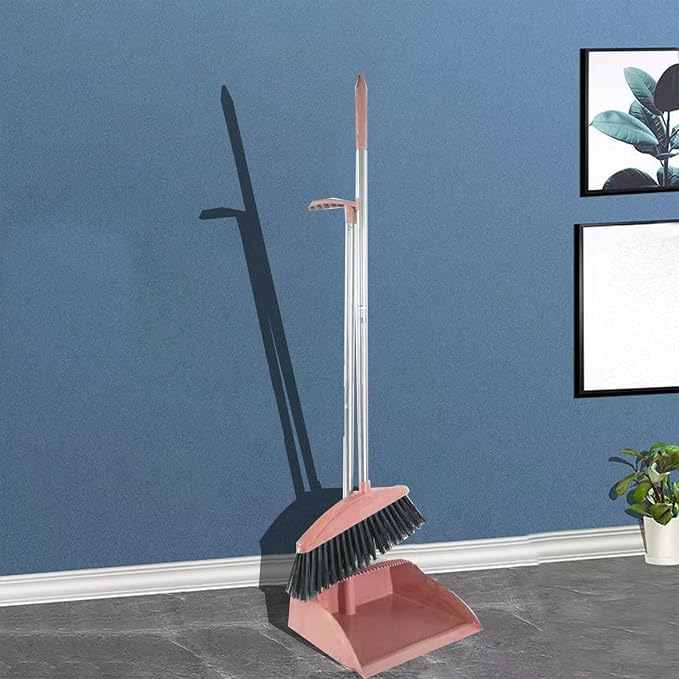 Broom and Dustpan Set for Home Indoor 180 Rotatable Broom with Dustpan Combo Set for Office Home Kitchen Lobby Floor Cleaning Broom Dustpan for Indoor & Outdoor Sweeping (Pink)