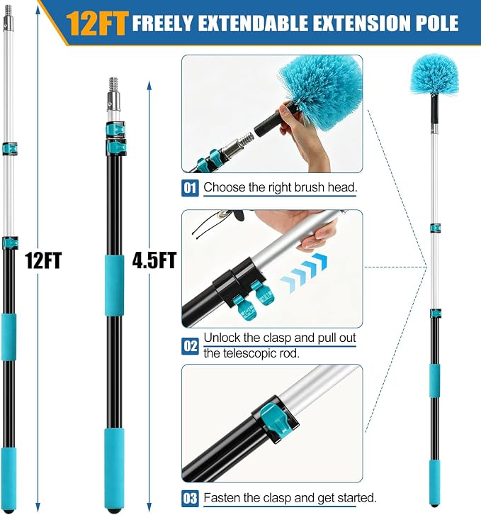 FIDISP 20FT High Ceiling Duster Kit 4.5-12ft Extension Pole Heavy Duty 9PCS | Ceiling Fan Cleaner Duster & Spider Web Brush Ideal For Home, Commercial Ceilings. Non-Shaking Cleaning Windows & Outdoor