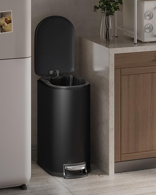 Garvee 13 gal / 50 L Metal Kitchen Trash Can with Lid, Slim Rustproof Garbage Can, Large Step-on Trash Bin with Inner Bucket, Rear Handle, Soft Close Lid, Black