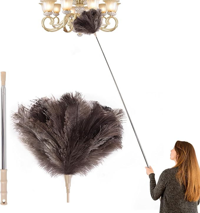 Extendable 94.5 Inch Ostrich Feather Duster with Extension Used for Home Cleaning Ceilings Furniture Fans Washable（210cm Telescopic Rod,Grey）