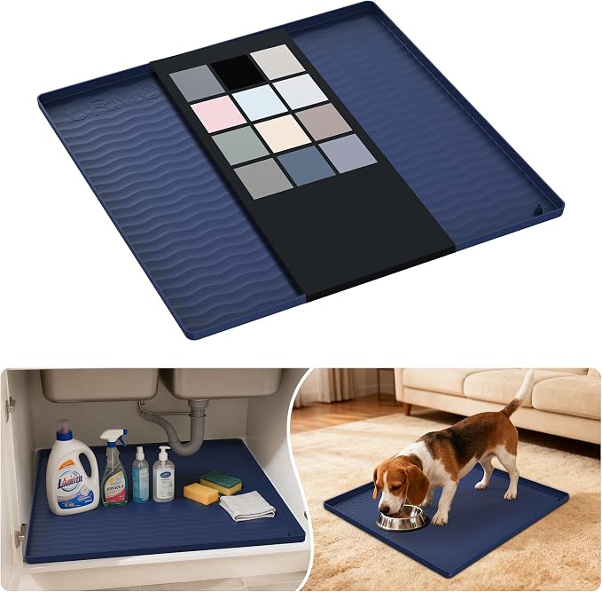 URMONA Waterproof Silicone Under Sink Mat 19'' x 19'' Shelf Liner for Kitchen and Bathroom, Cabinet and Counter Protector, Storage and Organizers, Litter Mat, Pet Cat Puppy Essentials(Navy)