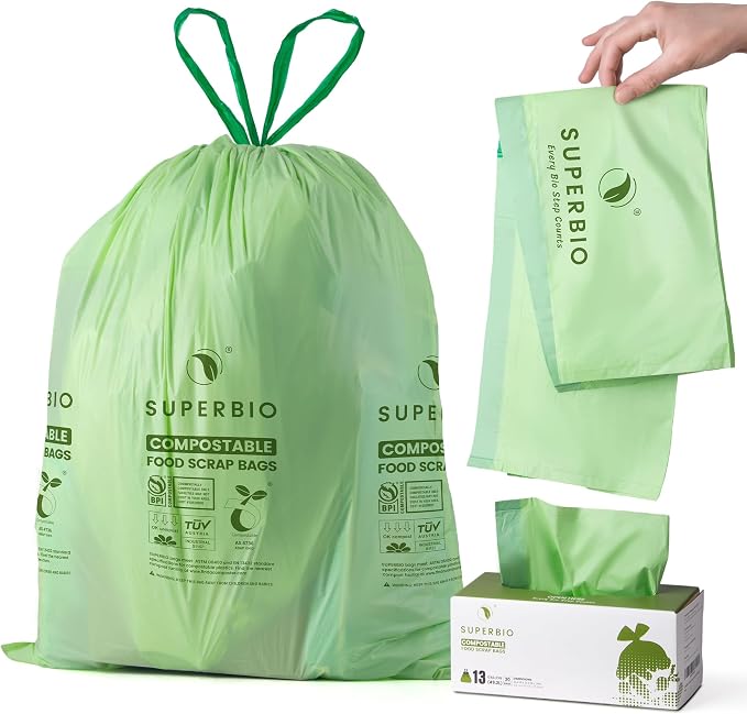 SUPERBIO 13 Gallon Compostable Drawstring Kitchen Waste Bag, 30 Count | 49.2 Liter, 1 Mil, Heavy Duty Food Scrap Bags, BPI, Seedling and OK compost INDUSTRIAL