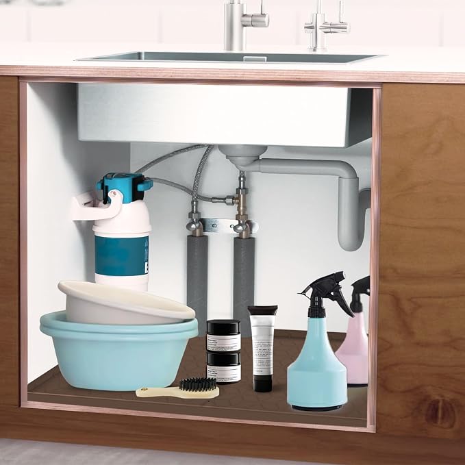 Under Sink Mat, 14"x22" Under Sink Mats for Kitchen, Silicone Waterproof Under Sink Liner, Sink Cabinet Organizer Tray with Drain Hole