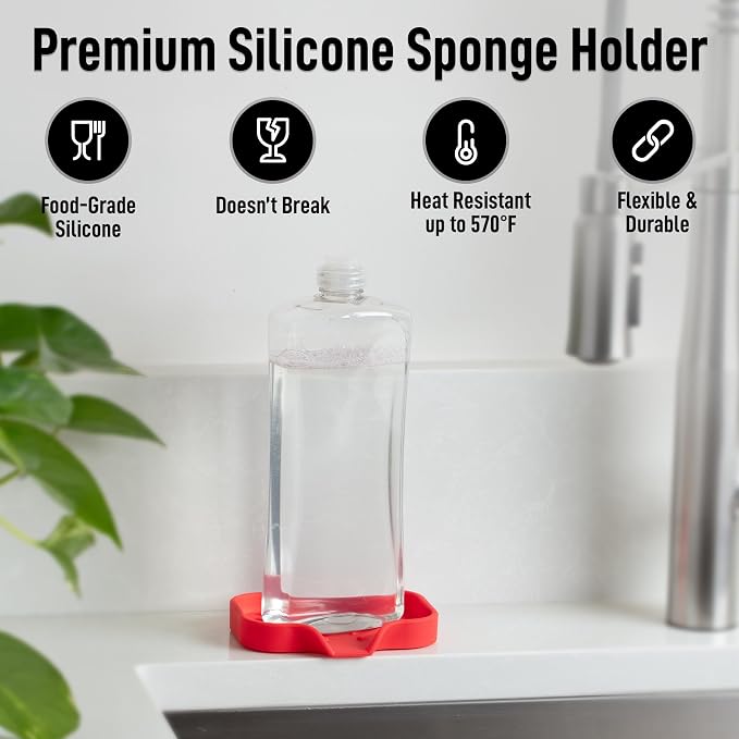 Zulay Kitchen Small Silicone Sponge Holder (4.9x3.3”) – Space-Saving Sink Organizer Tray for Sponge, Soap, Brush & More – Compact Non-Slip Dish for Kitchen & Bathroom (Red)