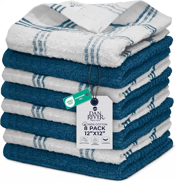 DAN RIVER Premium Dish Cloth 100% Cotton 12X12 Inches Pack of 8-Blue Opal | Terry Kitchen Towels Ultra Soft Tea Towels-Highly Absorbent Kitchen Rags-Terry Dishcloth for Kitchen and Household Cleaning