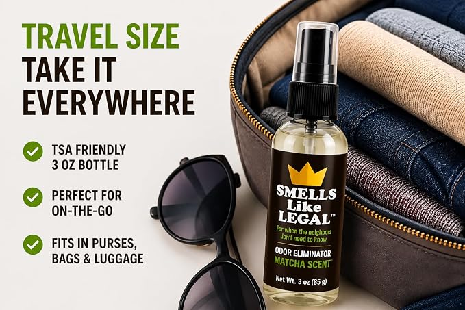 Smells Like Legal® Matcha Odor Eliminator Spray, 3 oz Travel Size – Shoe & Fabric Deodorizer, Eliminates Smoke, Pet, Food & Gym Bag Odors, Water-Based, Fabric Safe, Made in USA