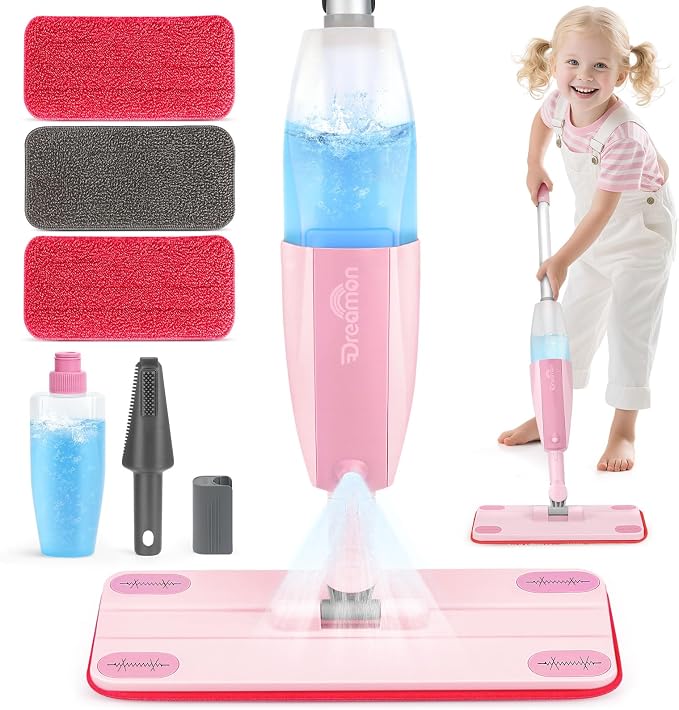 Dreamon Kids Spray Mop - Real Working Toddler Cleaning Set for for Ages 3-7 | Pink Fun & Functional Kids Mop Cleaning Set, Real Working Mini Mop with Spray Bottle, Cleaning Toys Gifts for Kids Girls Boys