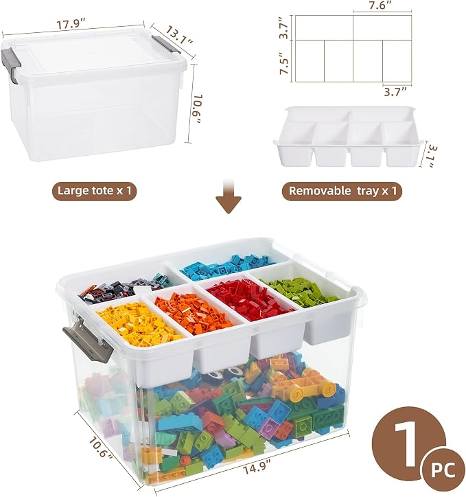 Citylife 32QT Clear Craft Organizers and Storage Box with Removable Tray | Stackable Art Supply Organizer Storage Bins with Lids for Beads, Markers, Sewing, Tools, Playdoh, Toys, Made in USA