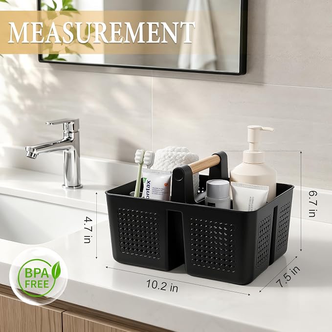 JiatuA Portable Shower Caddy Basket Plastic Caddy Organizer Small Black | Sturdy Drainage Large Capacity Cleaning Supplies Caddy Tool Storage for Bathroom Kitchen Bedroom College Dorm Essentials