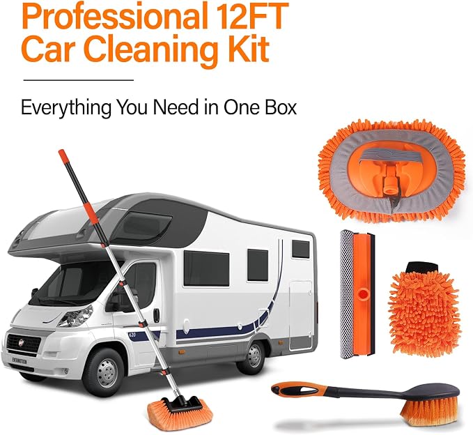 18 FT Reach Car Wash Brush with Long Handle, Car Cleaning Kit | with 3-12FT Extension Pole, Soft Bristle Brush, Chenille Cleaning Mop & Mitt, Window Squeegee, Wheel Brush for RV, Truck