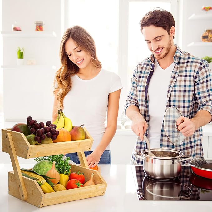 G.a HOMEFAVOR 2-Tier Bamboo Fruit Basket for Kitchen Counter, Self-assembly | Large Fruit Bowl, Vegetable Storage Stand for Fruit Shop, 15 mm Thickness