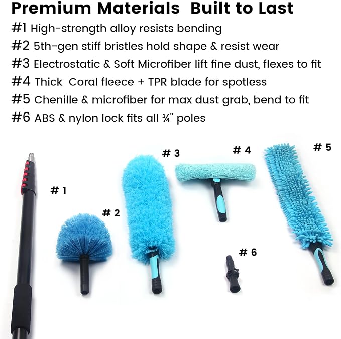 Ceiling Fan Duster Kit with 12 FT Telescoping Pole – 6-Piece Set – Screw-On Cobweb Duster & Squeegee Heads – Washable Bendable – 3/4" Universal Fit – House Cleaning Kit, Blue