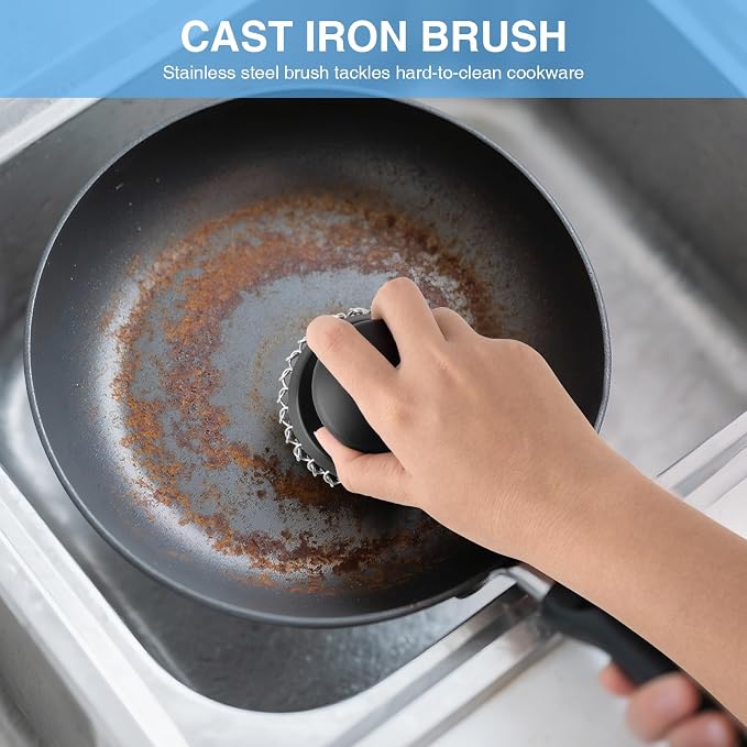 Cast Iron Scrubber Cleaner, Chainmail Scrubber for Cast Iron Pan Skillet, Dish Scouring Pad, 316 Stainless Steel Brush/Scraper for Metal Skillet Scrubbing, Wok, Dutch Oven Cleaning Kit - Thick Mesh