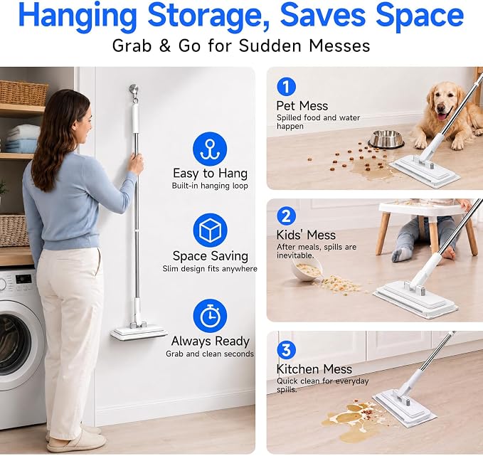 48" Mini Swifter Mop, Hands-Free Quick-Clamp Lazy Mop, Apartments Essential | with 5 Reusable Cloths, Small Head for Spot Cleanups – Easy Sweeping Floor Dust, Pet Hair, Best Household Cleaning Tools