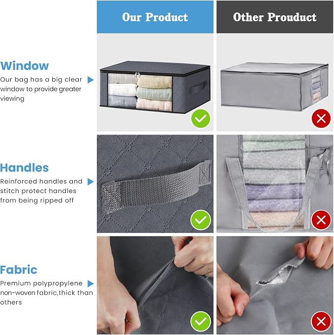 HomeHacks Storage 4-Pack Clothes Organizer Storage Bags Foldable Storage Box with Large Clear Window Sturdy Handles for Closet, Dorm, Pillows, Bedding, Clothes, Stuffed Toys, Blankets, Grey | Foldable Storage Box Container with Zippers, Clear Window, R...