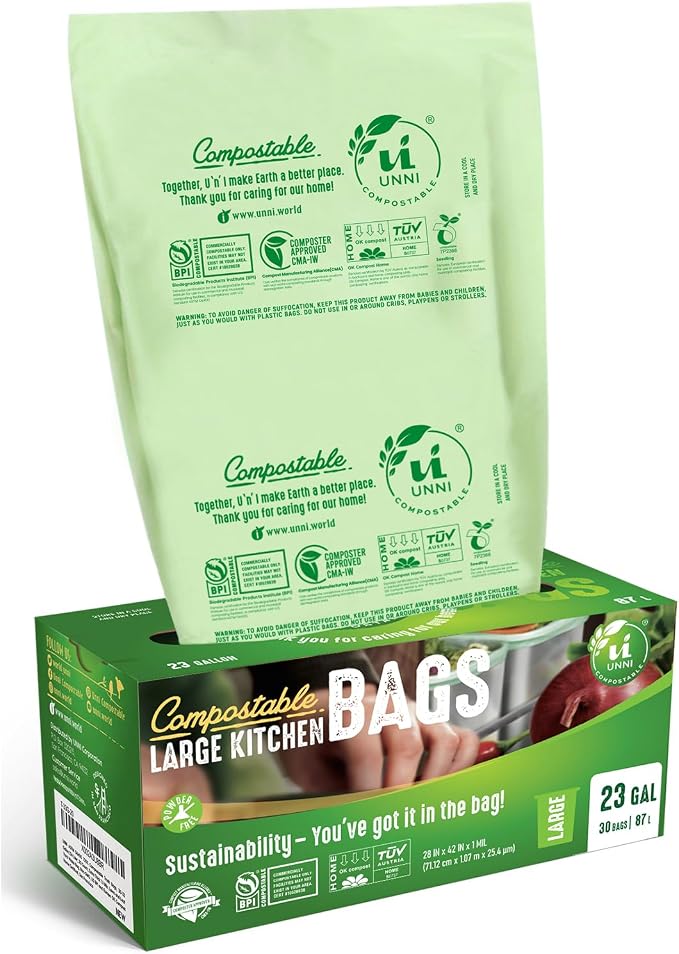 UNNI 20-23 Gallon Compostable Bags, 30 Count, 87 Liter, Extra Thick 1.0 Mil | Large Compost Bags for Commercial Kitchens & Food-Service Scrap Bins, BPI, CMA & OK compost HOME Certified, Meets ASTM D6400