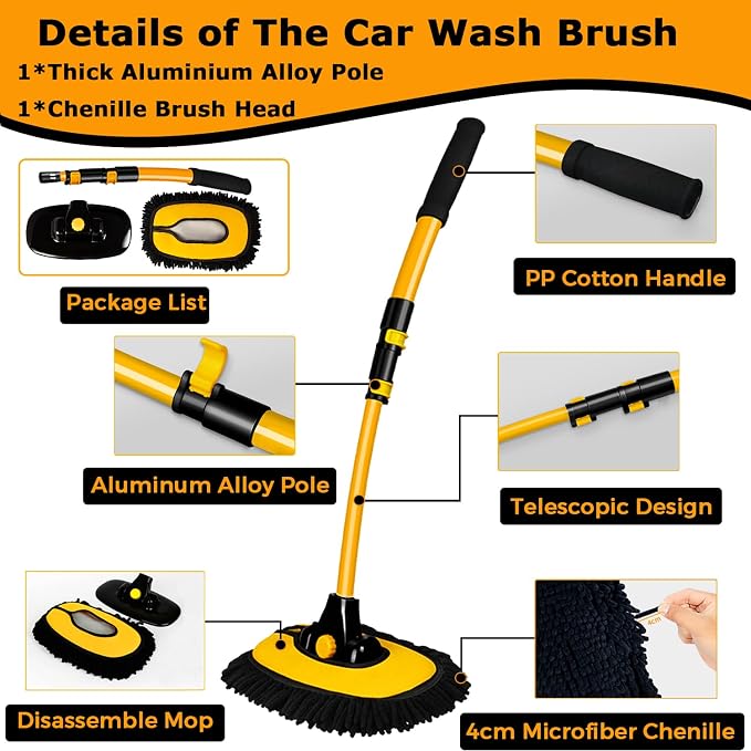 WillingHeart 15° Curved Car Wash Brush with Long Handle 43" Extension Pole RV Truck Microfiber Cleaning Mop Auto SUV Wheel Boat Exterior Interior Detailing 2 in 1 Carwash Duster Not Hurt Paint, Yellow