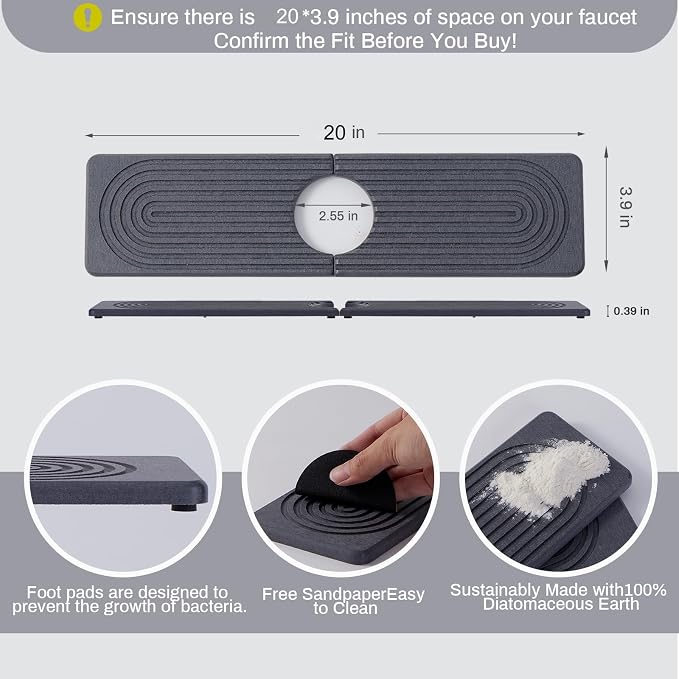 20in Fast Drying Stone Faucet Mat for Kitchen Sink splash guard Diatomite | Sink Splash Guard Water Absorbing Stone Tray for Sink, Counter Protector Matt for Kitchen & Bathroom
