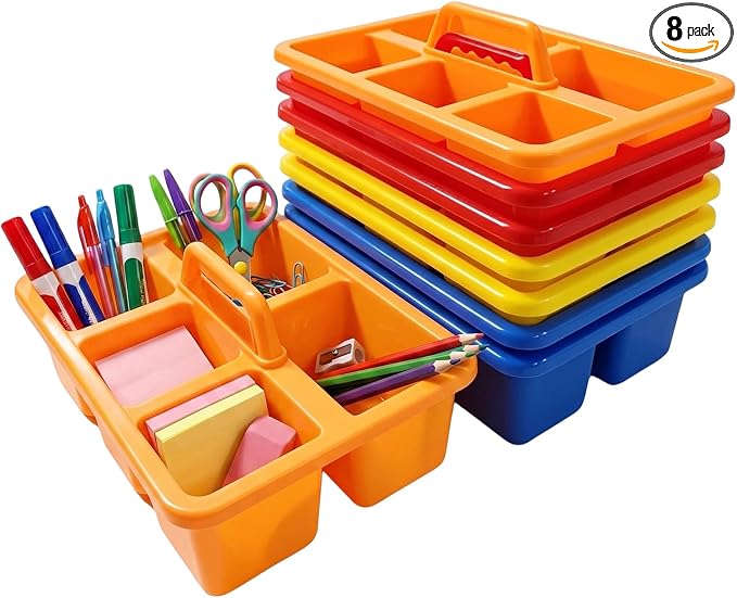 8 PCS Classroom Caddy, Supply Cleaning Caddy for Classroom, 8”×5.7”×3” | Plastic Caddy Organizer with Handle, 5 Compartment Small Portable Storage Bin for Classrooms, Office, Assorted Colors