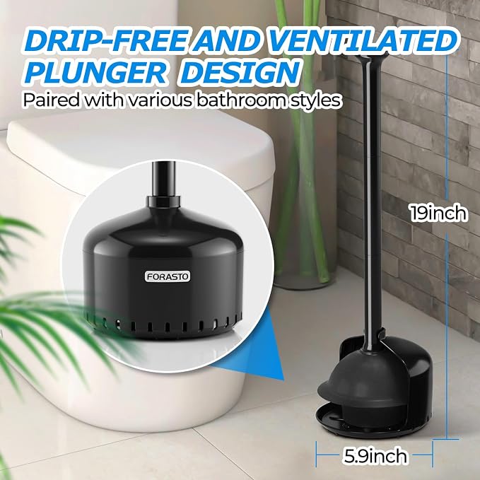 FORASTO Toilet Plunger with Holder - Heavy Duty Bathroom Cleaning Tools | Plungers for Bathroom, Toilet Bowl Cleaners, Apartment Must Haves, Bathroom Decor Accessories, Home Essentials, Black