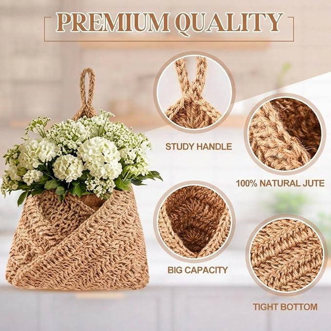 3 Hanging Baskets,Linen,Triangle,Jute | Wicker Wall Baskets with Hooks for Fruit Vegetable Onion Storage, Teardrop Organizer for Kitchen, Boho Farmhouse Decor