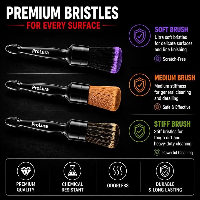 6PCS Car Detailing Brush Set - 2 Boar Hair Brushes, 2 Ultra Soft No-Scratch Brushes & 2 Medium Detail Brushes for Car Interior & Exterior Cleaning | ProLura Car Detailing kit