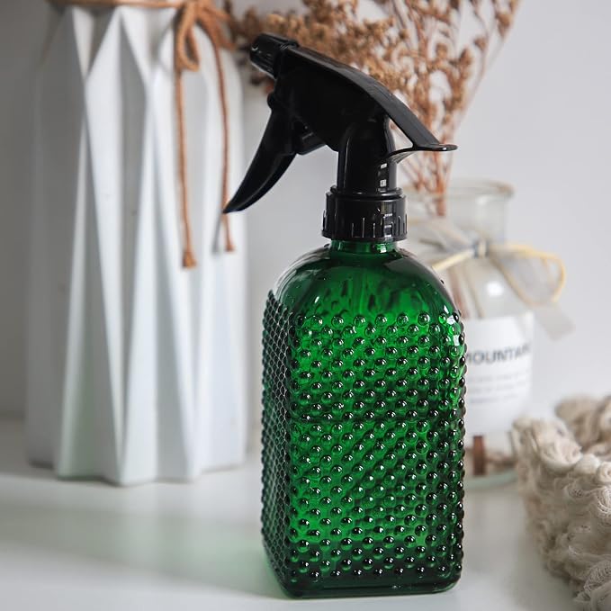 OFFIDIX Fine Mist Plant Mister Adjustable Nozzle Green Spray Bottle 13.5 oz | Glass Misters Bottle Handheld Pressure Watering Can 400ml Empty Vintage Water Mister for Indoor Outdoor Garden Pet Cleaning