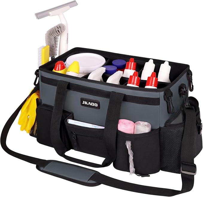 JKAOO Large Wearable Cleaning Caddy Bag with Handles, Gray | Adjustable Shoulder & Waist Straps, Removable, Waterproof Tote for Cleaning Supplies, Home, Car, Office