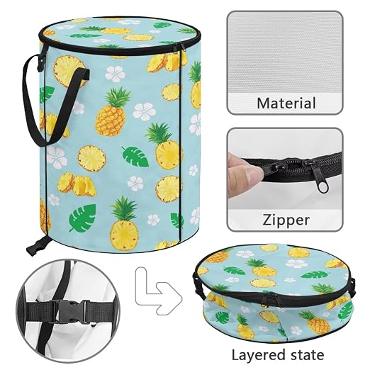 BIGCARJOB Pineapple Collapsible Trash Can Portable Tall Trash Can Holder Oval Recycling Bin 22.83x17.71 Outside Garbage Bin Bag with Clip and Zipper Lid