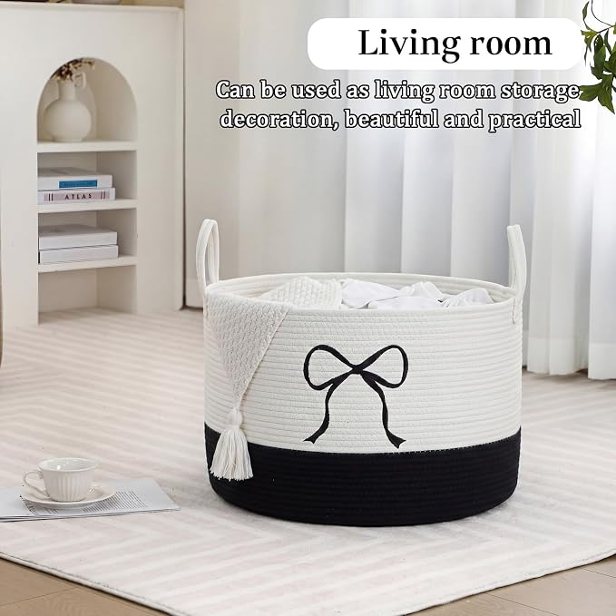 Honeydak Large Blanket Basket Black Bow Laundry Hamper 60l Cotton Rope Storage Bin for Blankets Toys Clothes 13 x 20 Inches Baby Nursery Room Playroom Storage Organization Teens Girls Dorm