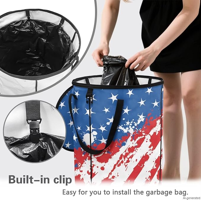 American Flag 24 Gal Collapsible Trash Can Waterproof Pop-Up Pop up Trash Can for Camping Backyard & Car Travel Easy to Clean Outdoor Garbage Bin Reusable Camping Essentials