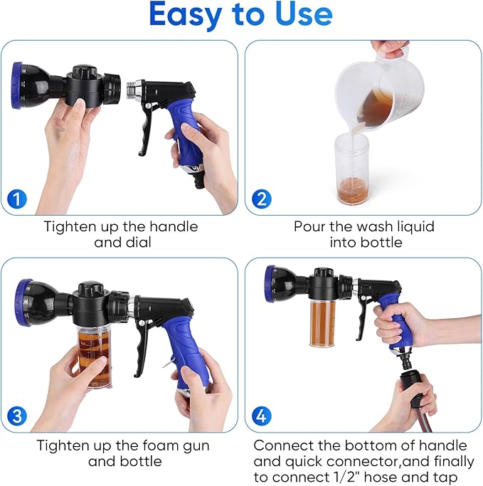 Pet Bathing Sprayer Kit,10 Spray Patterns, Adjustable Hose Wash Sprayer | with 4 to 8 Bars Foam Blaster,Suitable for Pet Washing, Car Cleaning and Garden Use with 1/2” Quick Connector
