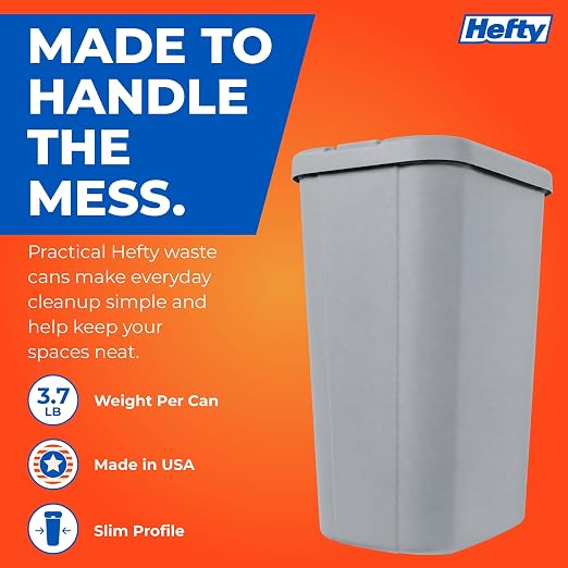 Hefty 13.3 Gallon Trash Can with Lid, Plastic Garbage Can Touch Button, Kitchen Waste Basket for Home Office, Large Capacity Trash Bin, 4 Pack, Grey
