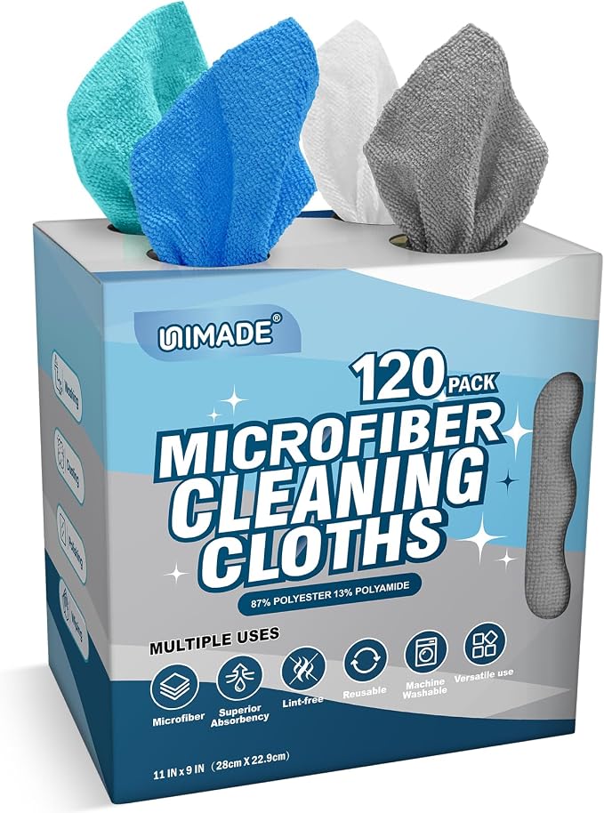 Microfiber Cleaning Cloth, 120 Pack Microfiber Towels for Cars | Reusable Paper Towels Lint Free Shop Rags with for Home Kitchen Automotive, 11"x 9", White & Grey & Light Blue & Blue