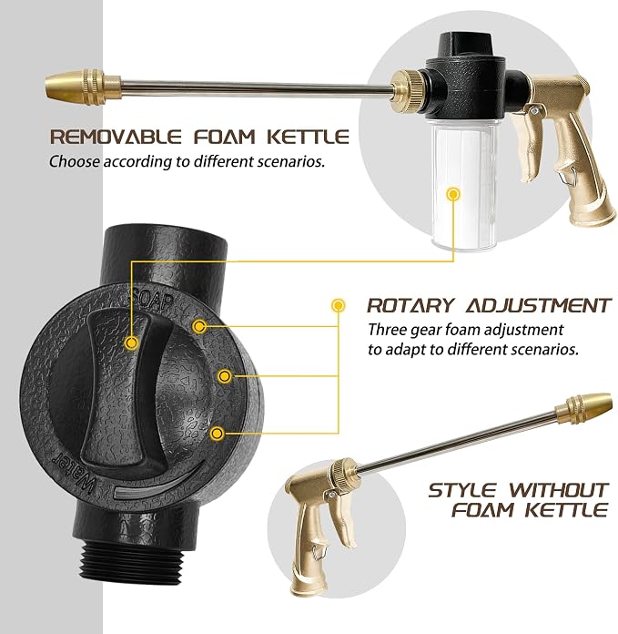 High Pressure Hose Nozzle with Soap Dispenser, Metal Foam Sprayer | Hose sprayer for chemicals,Foam gun for car washing,solar panel & window cleaning,garden watering with adjustable spray modes