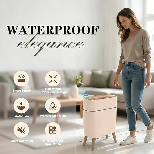 suyika Automatic Trash Can, 2.6 Gallon/10L, Wood Grain Lid and Legs | Bathroom Trash Can with Lid, Touchless, Waterproof Garbage Bin, For Bedroom, Bathroom, Office, Living Room
